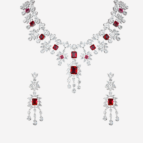 Elegant Cubic Zirconia & Coloured Stone Waterdrop Style Earring & Necklace Set