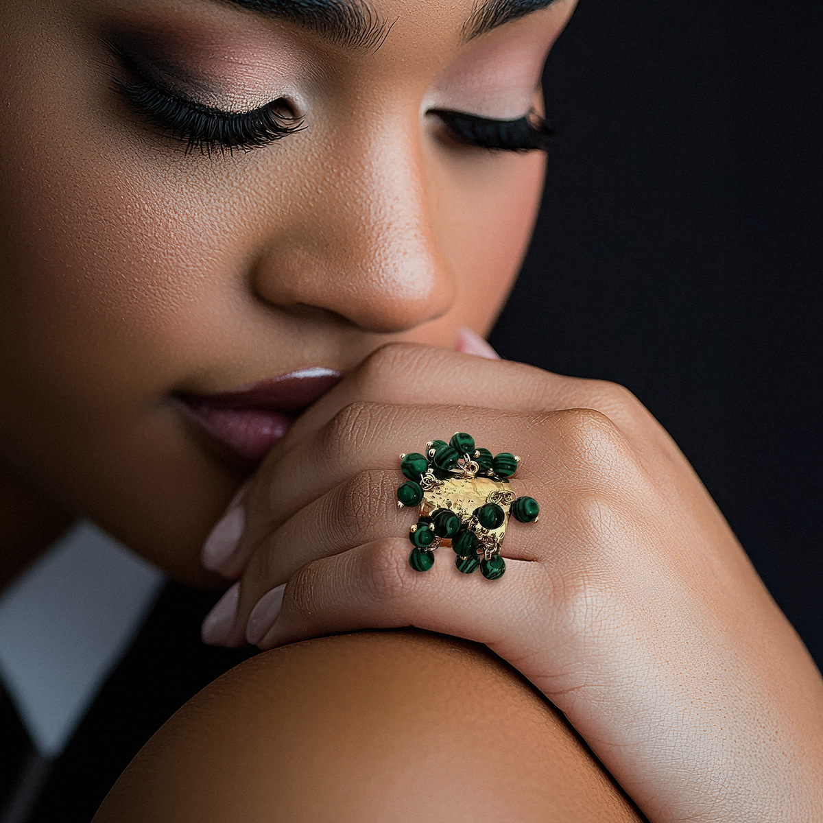 Vintage Natural Stone Malachite Glass Multi-Pendant High-Grade Fringe Open Ring