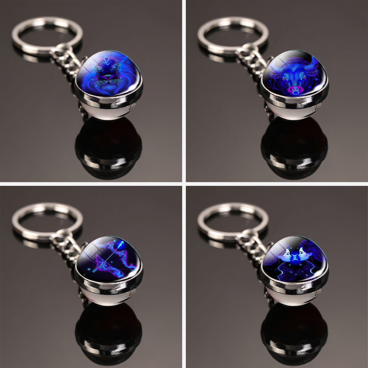 Constellation Key Ring Time Stone Double-Sided Glass Ball Metal Keychain Pendant
