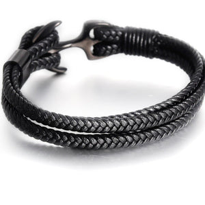 High-Quality Woven Black Leather Rope Bracelet | Features Anchor Shaped Secure Titanium Clasp | Fashion Accessory Gift for Men Women & Teens | Male & Female.