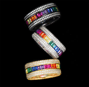 Dubai Luxury Stacked Cubic Zirconia Ring | Bold Rainbow Unisex Male Female Finger Fashion Accessory.