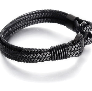 High-Quality Woven Black Leather Rope Bracelet | Features Anchor Shaped Secure Titanium Clasp | Fashion Accessory Gift for Men Women & Teens | Male & Female.