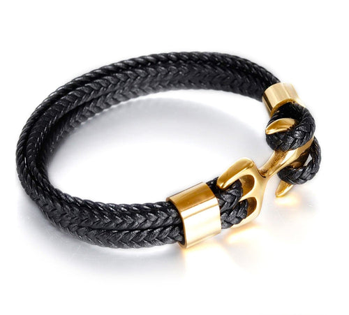 High-Quality Woven Black Leather Rope Bracelet | Features Anchor Shaped Secure Titanium Clasp | Fashion Accessory Gift for Men Women & Teens | Male & Female.